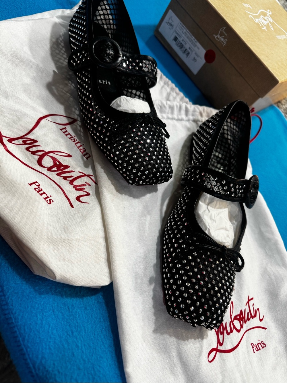 Christian Louboutin Black Embellished Mesh Mary‑Jane Ballet Flats  Size 39 - Picture 9 of 10